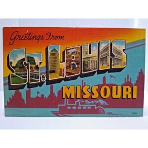 Greetings From St Louis Missouri Large Big Letter Postcard Linen 1951 Riverboat